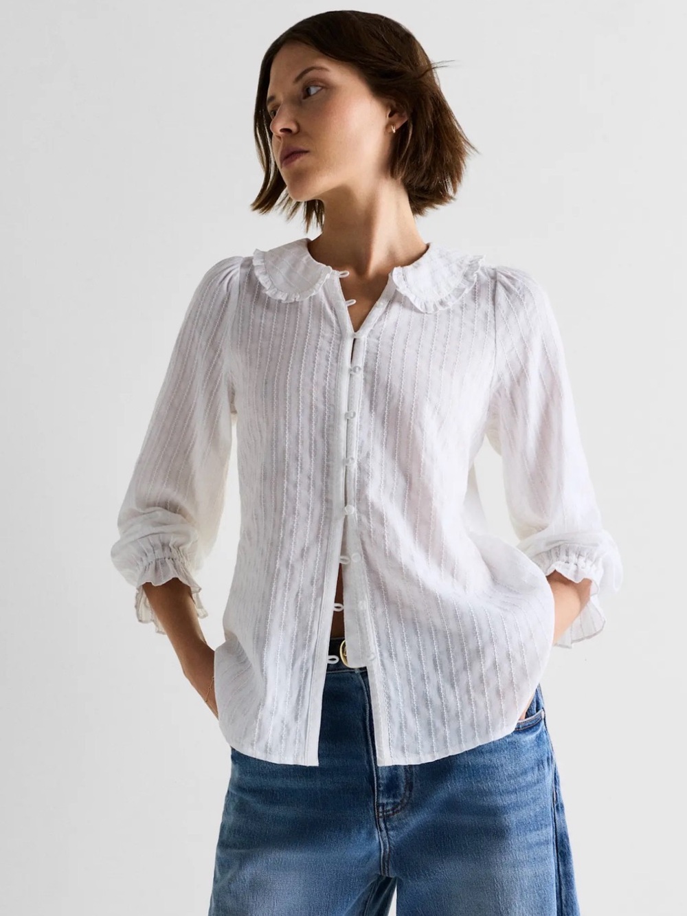 Quince Embroidered Cotton Ruffle Collar Long Sleeve Blouse white Sz M NWT